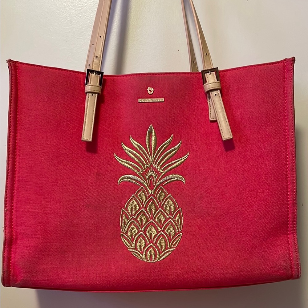 Stylish Red Tote Bag with Gold Pineapple Design